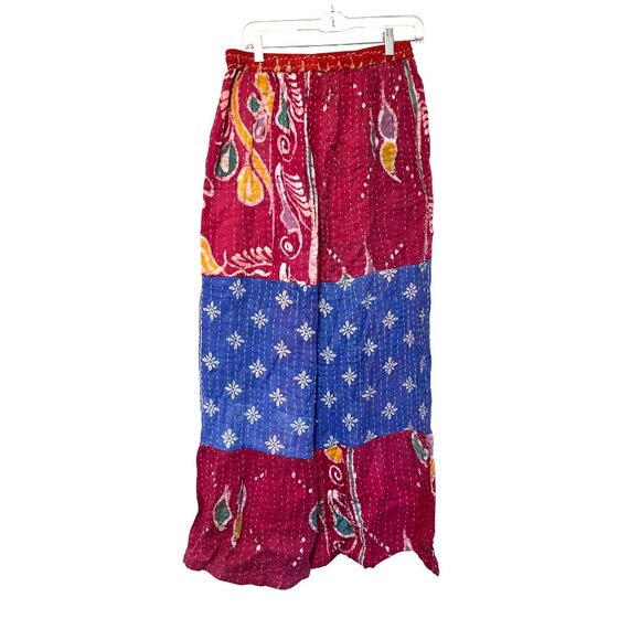 She's 1 OAK Boho Kantha Patchwork Wide-Leg Pants Vibrant Red & Blue O/S - Picture 2 of 3